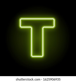 Green neon letter T with glow on black background. Blur effect is made with mesh. Vector illustration