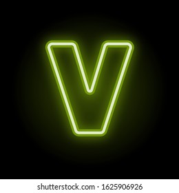Green neon letter V with glow on black background. Blur effect is made with mesh. Vector illustration