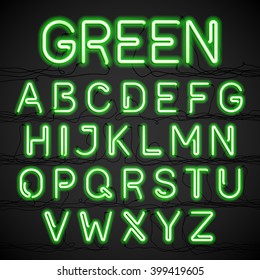 Green Neon Light Alphabet With Cable. Vector.