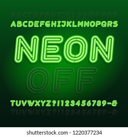 Green Neon Light Alphabet Font. Lights On Or Off. Bold Letters, Numbers And Symbols. Vector Typeface For Animation, Labels, Titles, Posters Etc.