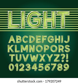 Green Neon Light Alphabet And Numbers, Eps 10 Vector Editable