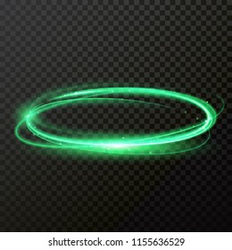 Green neon light circle vector shiny trace or spiral twirl trail with shine sparkle effect for fashion cosmetic design