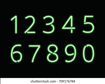 Green neon light font. Numbers: 0, 1, 2, 3, 4, 5, 6, 7, 8 and 9