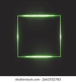 Green Neon Light Frame on Black Background, Futuristic Glowing Square, Tech UI Style Design