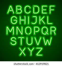 Green Neon Light Glowing Alphabet. Vector.