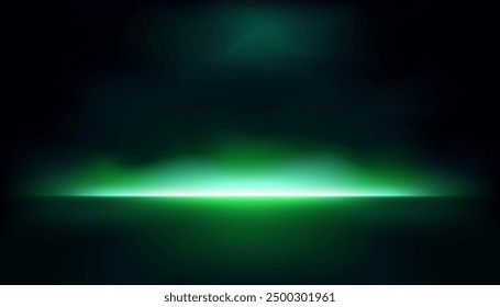 Green neon light studio backdrop on black background with smoke reflecting backlight on wall and floor, dark room excitement and heat, excitement of competition, future and modern technology.