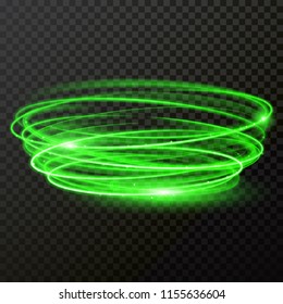 Green neon light twirl circle vector shiny trace or spiral trail with shine sparkle effect