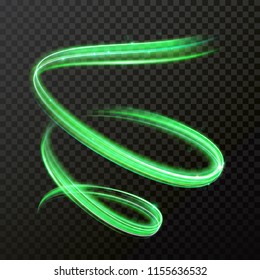 Green neon light. Vector shiny trace or spiral twirl trail with shine sparkle effect isolated on transparent background