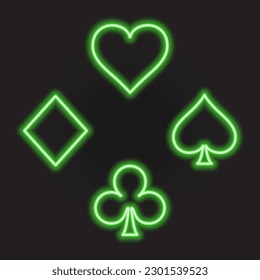 Green Neon Line Card Suits for Poker and Casino on dark background vector illustration