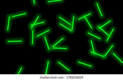 Green neon lines randomly scattered on a black background. Beautiful glowing elements. Geometric abstraction. Vector illustration.