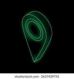 Green neon location pin is glowing in the dark