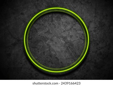 Green neon luminous circle frame on dark grunge wall abstract background. Vector futuristic design
