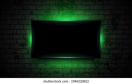 Green neon luminous frame on dark grunge brick wall abstract background. Vector futuristic design