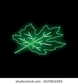Green neon maple leaf glowing on a black background, creating a vibrant and eye catching image