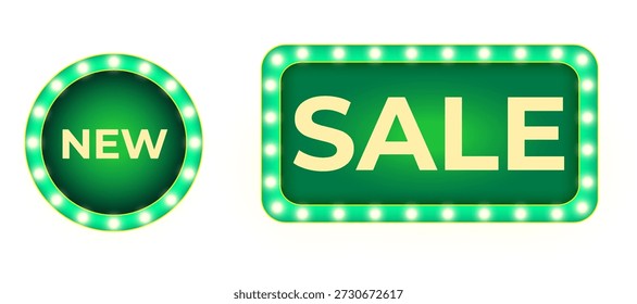 Marcos de carpa de neón verde en formatos de círculo y rectángulo con bombillas brillantes realistas renderizadas como PNG ideal para carteles de carnaval, temas de noche de películas, señalización promocional y obras de arte retro nostálgico