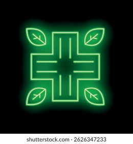 Green neon medical cross glowing on a black background, surrounded by green neon leaves