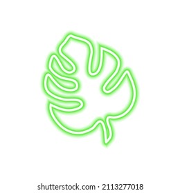 Green neon monstera leaf. Luminous design element isolated on white. Natural organic concept. Vector illustration