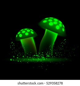 Green neon mushrooms. Glowing magic agaric on a black background.
