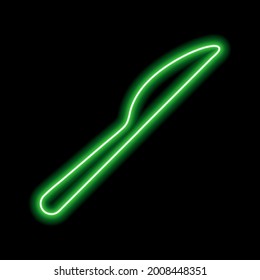 Green neon outline of a table knife on a black background. Vector illustration