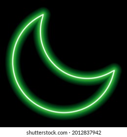 Green neon outline of the waning moon on a black background. Vector icon illustration