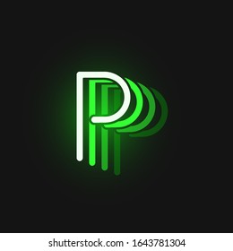 Green neon 'P' character font on black background with reflections, vector illustration