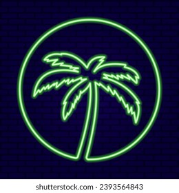 Green Neon Palm Tree in Circle on Dark Blue Wall background vector illustration