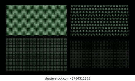 Green neon patterns on black background including zigzag lines, grid and square shapes for futuristic designs and backgrounds