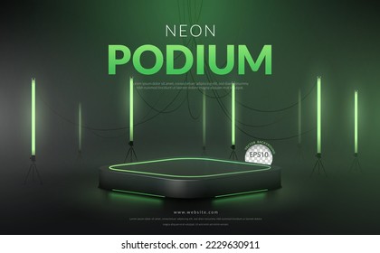 Green neon podium with green fluorescent tube background, Vector illustration