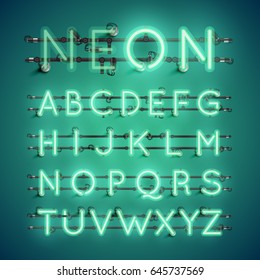 Green Neon Realistic Font Set For Advertising, Vector Illustration (uppercase)