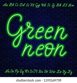 Green neon script. Uppercase and lowercase letters.