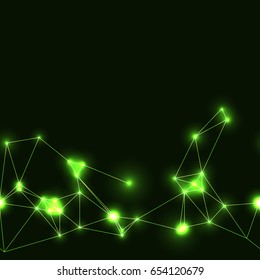 green neon seamless polygonal pattern. dark background with green neon modern technology triangular grid.