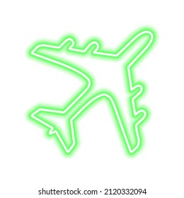 Green neon sign of airplane isolated on white. Vector illustration