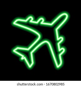Green neon sign of airplane on black background. Vector illustration