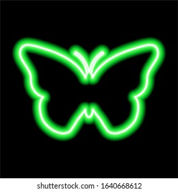 Green neon sign of butterfly on black background