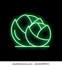 Green neon sign of a cabbage vegetable glowing on a black background