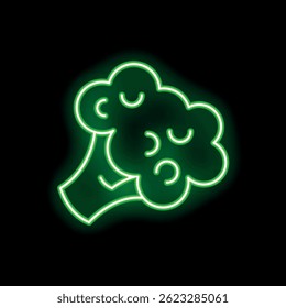 Green neon sign depicting a head of broccoli glowing on a black background