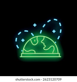 Green neon sign depicting planet earth with orbiting satellites, symbolizing global connectivity and space exploration