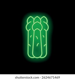Green neon sign depicting three stalks of asparagus on a black background