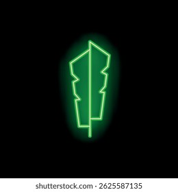 Green neon sign is glowing in the dark, representing a bird feather with a quill