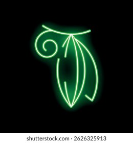 Green neon sign illustrating three leaves with a swirl on a black background