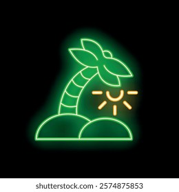 Green neon sign of a palm tree and the sun shining on a tropical island