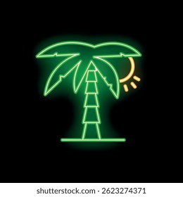 Green neon sign of a palm tree and sun is standing on a black background