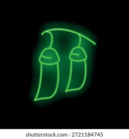 Green neon sign representing two hanging seed pods, isolated on a black background