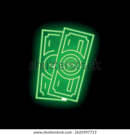 Green neon sign representing two dollar bills, isolated over a black background