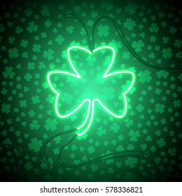 Green neon sign, Shamrock Clover on dark background. Design element for St Patrick's Day. Ready for your design, greeting card, banner. Vector illustration.