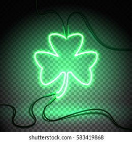 Green neon sign, Shamrock Clover on transparent background. Design element for St Patrick's Day. Ready for your design, greeting card, banner. Vector illustration.