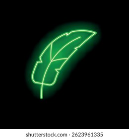 Green neon sign in the shape of a feather is glowing against a black background
