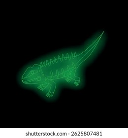 Sinal de néon verde em forma de réptil lagarto de iguana, brilhando sobre um fundo preto
