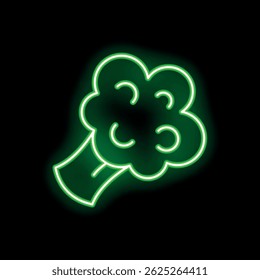 Green neon sign showing a broccoli vegetable on a black background, simple icon for bars, restaurants or grocery stores