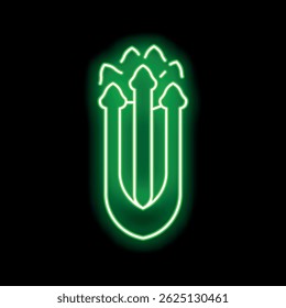Green neon sign showing five arrows pointing up, representing growth and success